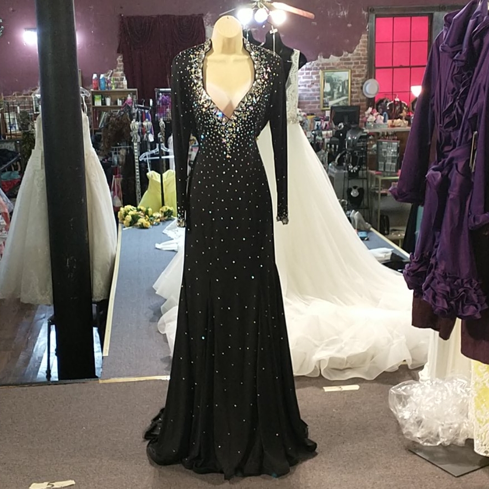 SOLD - Johnathan Kayne Black Crystal AB Pageant Gown w/ Train